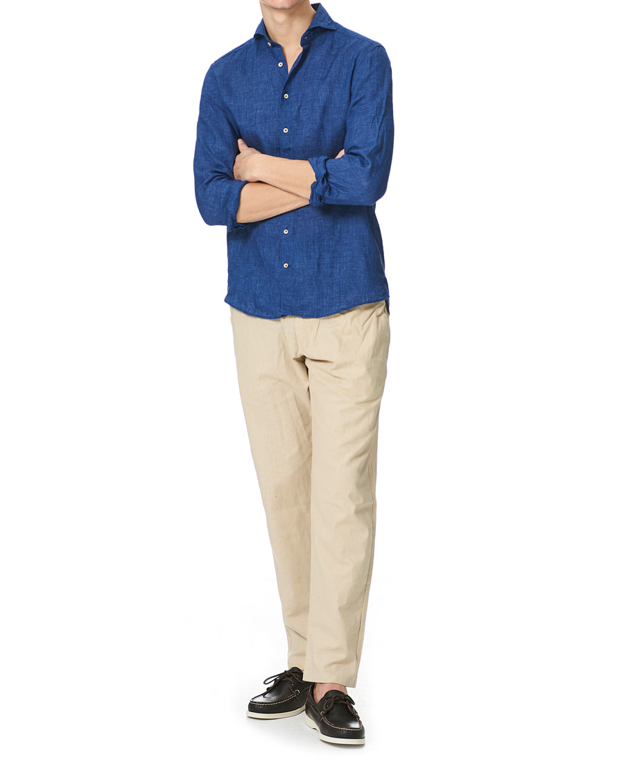 Men | Shirts | Stenströms | Slimline Cut Away Linen Shirt Dark Blue