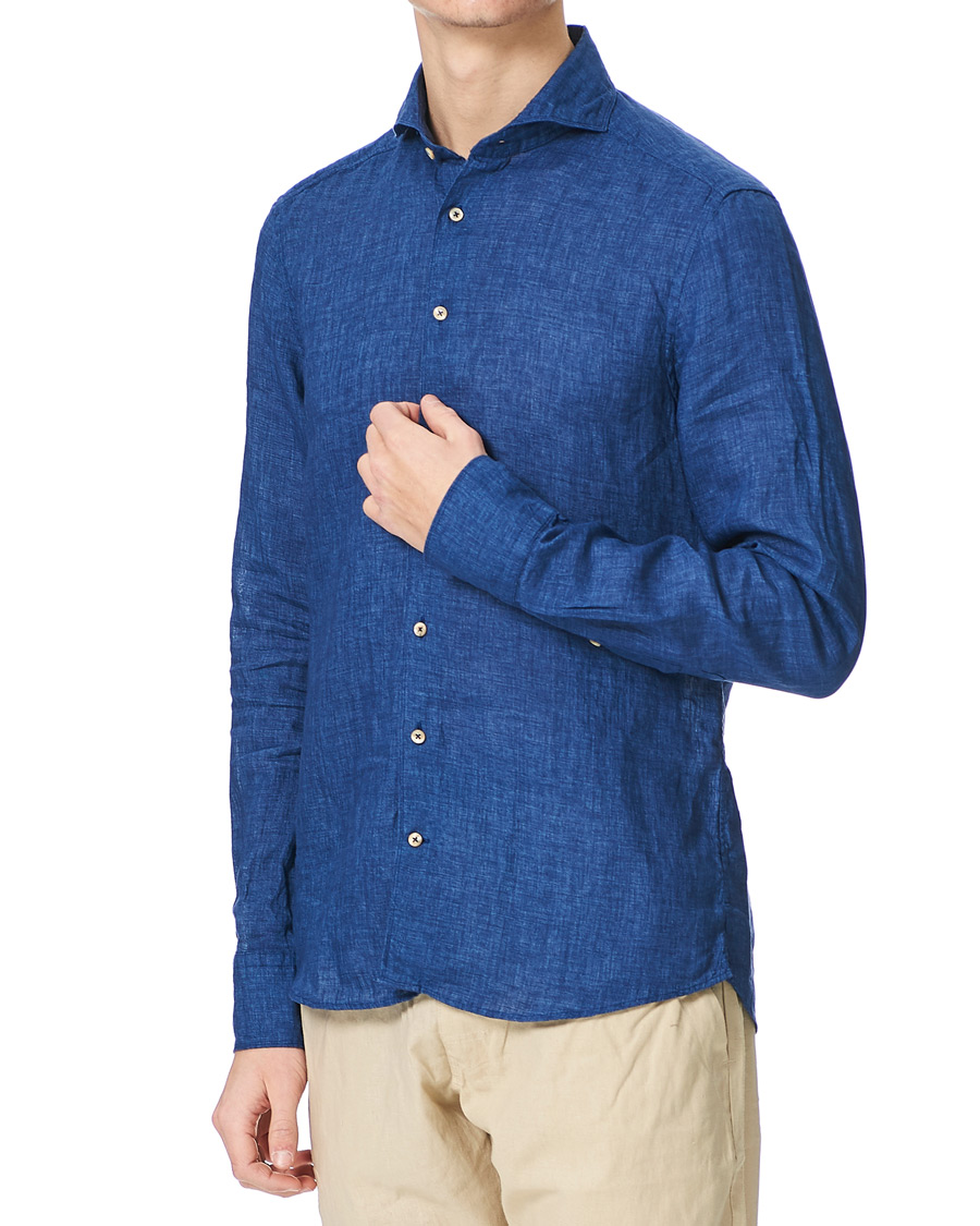 Men | Shirts | Stenströms | Slimline Cut Away Linen Shirt Dark Blue