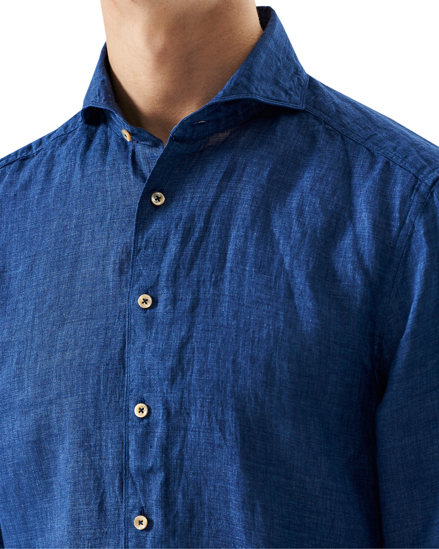 Men | Shirts | Stenströms | Slimline Cut Away Linen Shirt Dark Blue
