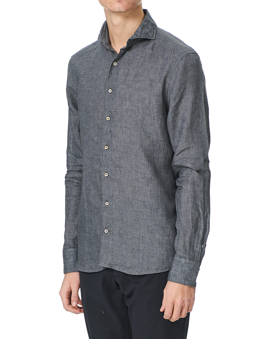 Men | Shirts | Stenströms | Slimline Cut Away Linen Shirt Dark Grey