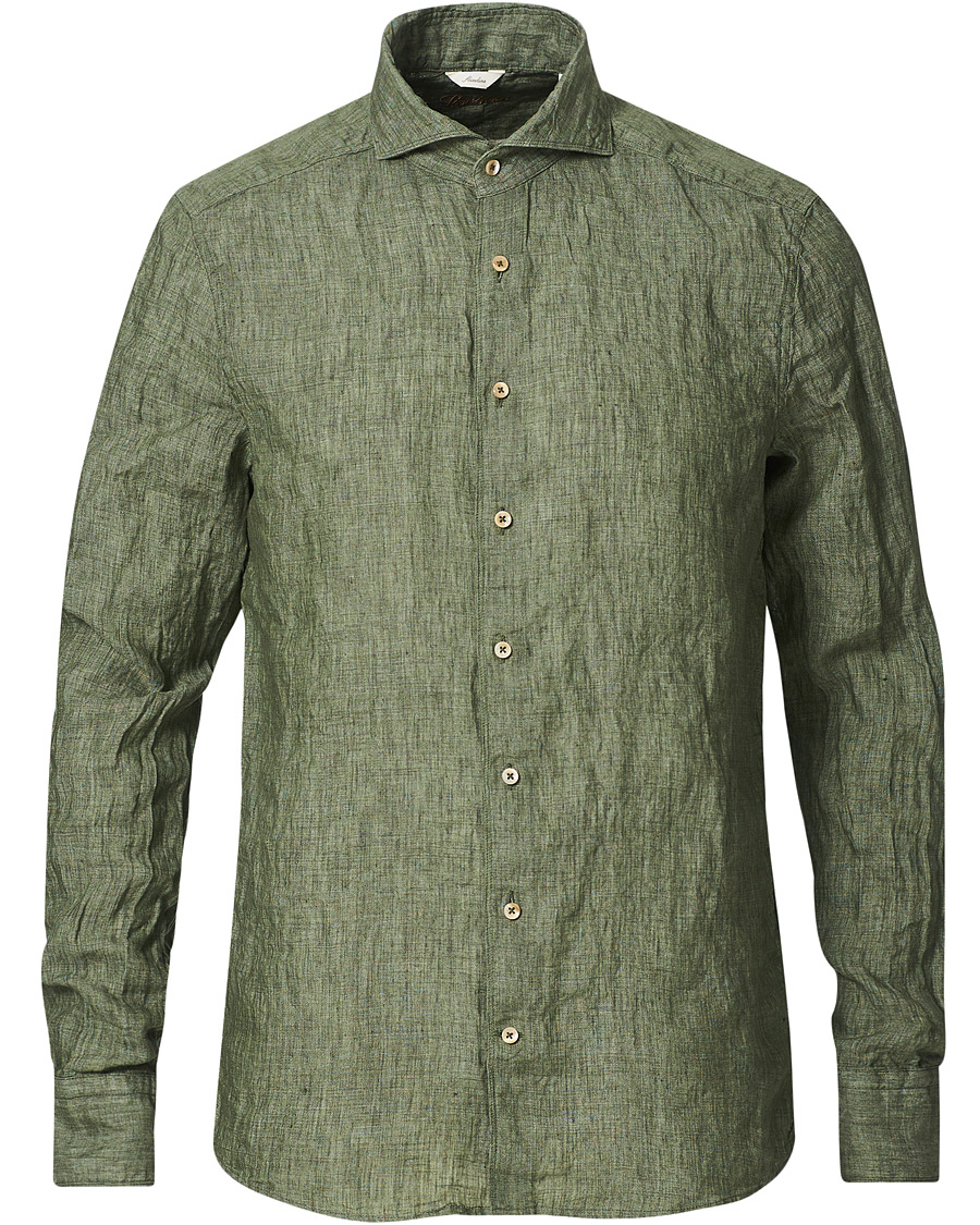 Men | Shirts | Stenströms | Slimline Cut Away Linen Shirt Olive