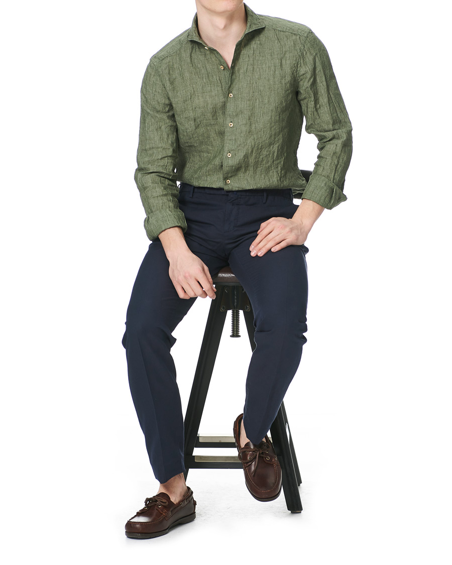 Men | Shirts | Stenströms | Slimline Cut Away Linen Shirt Olive