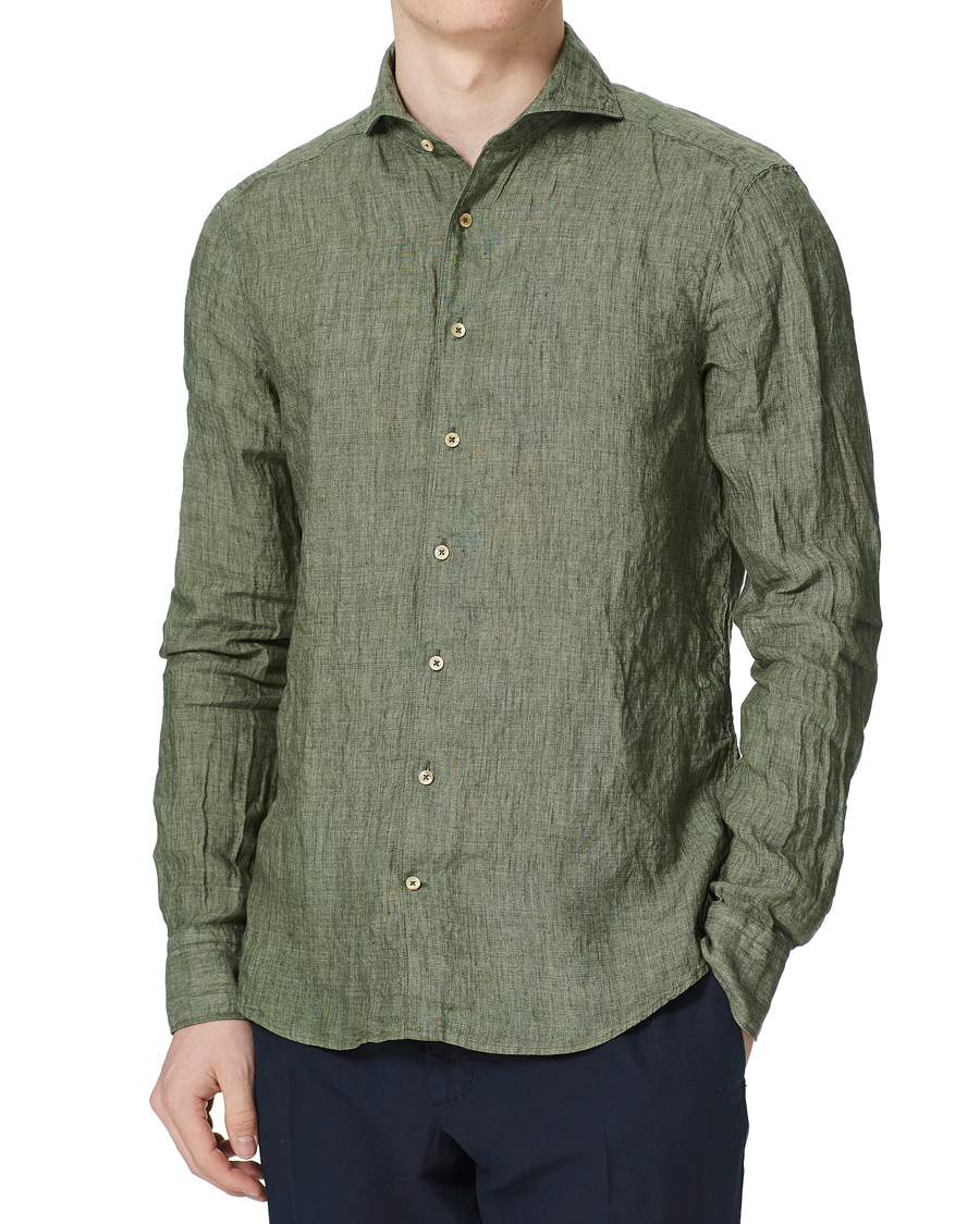 Men | Shirts | Stenströms | Slimline Cut Away Linen Shirt Olive