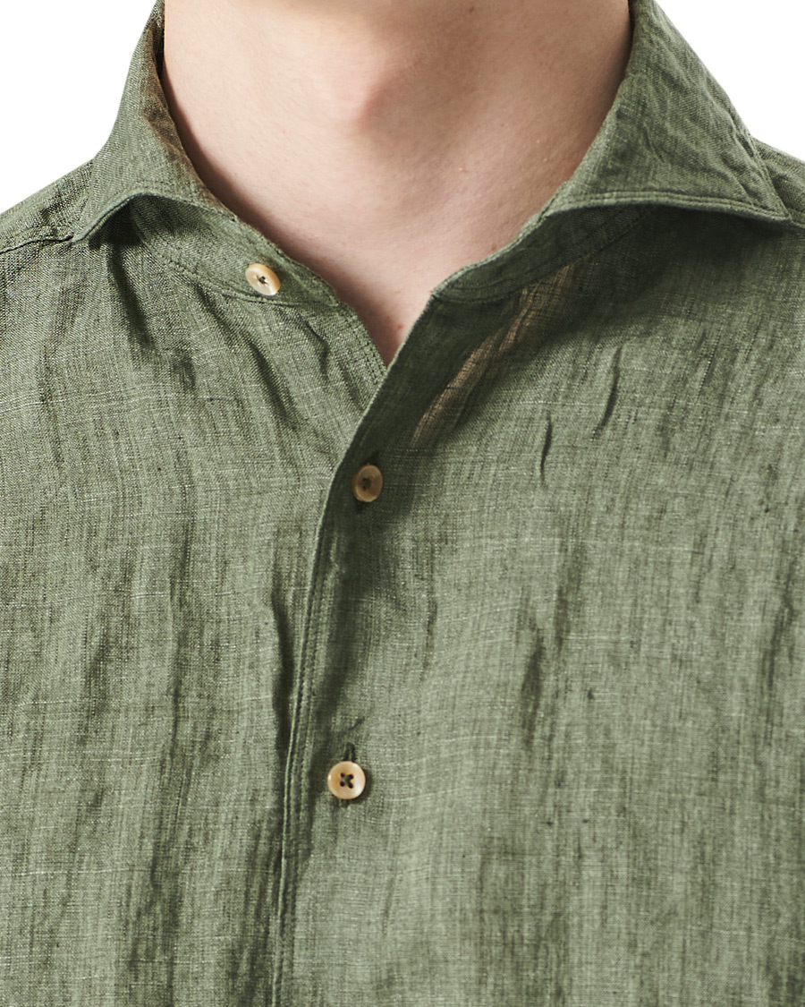 Men | Shirts | Stenströms | Slimline Cut Away Linen Shirt Olive