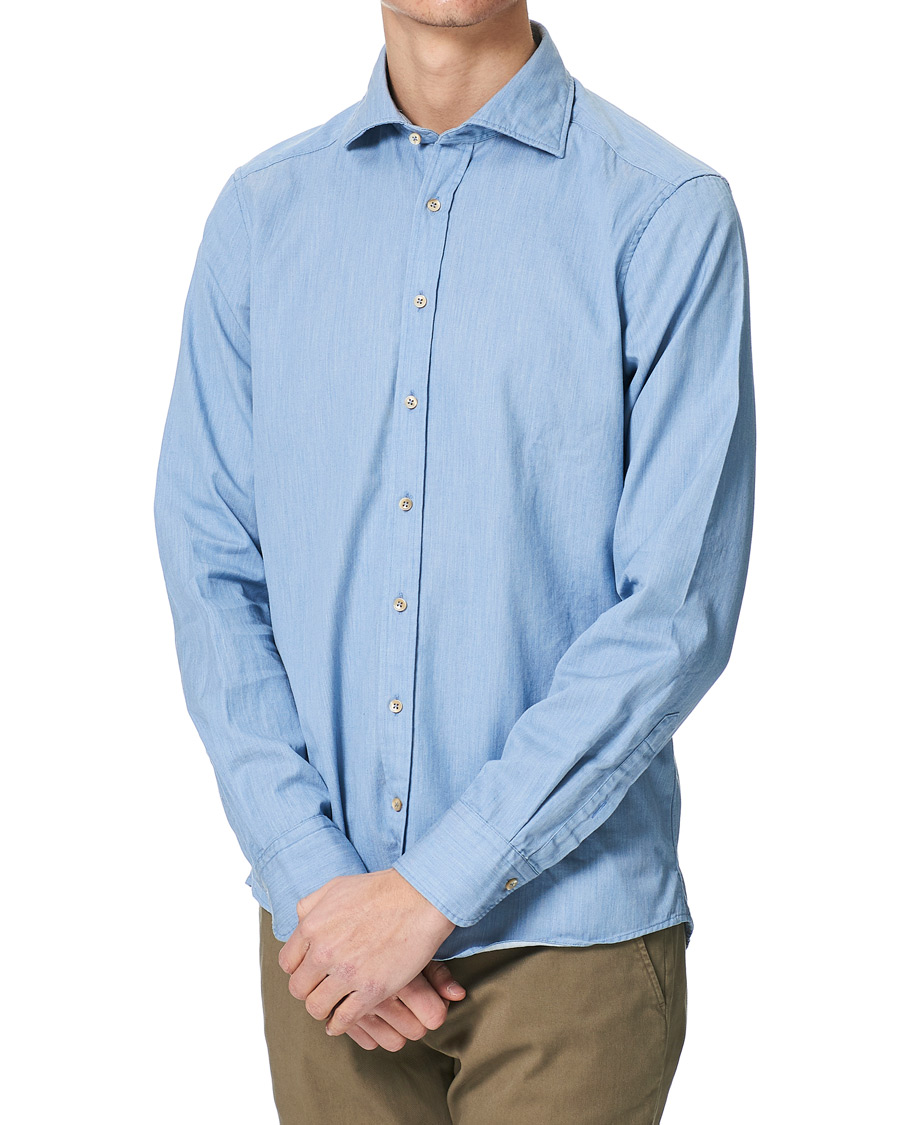 Men | Shirts | Stenströms | Slimline Cut Away Chambray Shirt Light Indigo