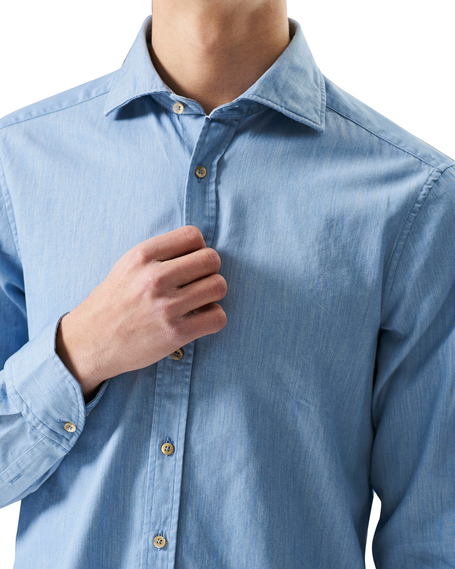 Men | Shirts | Stenströms | Slimline Cut Away Chambray Shirt Light Indigo