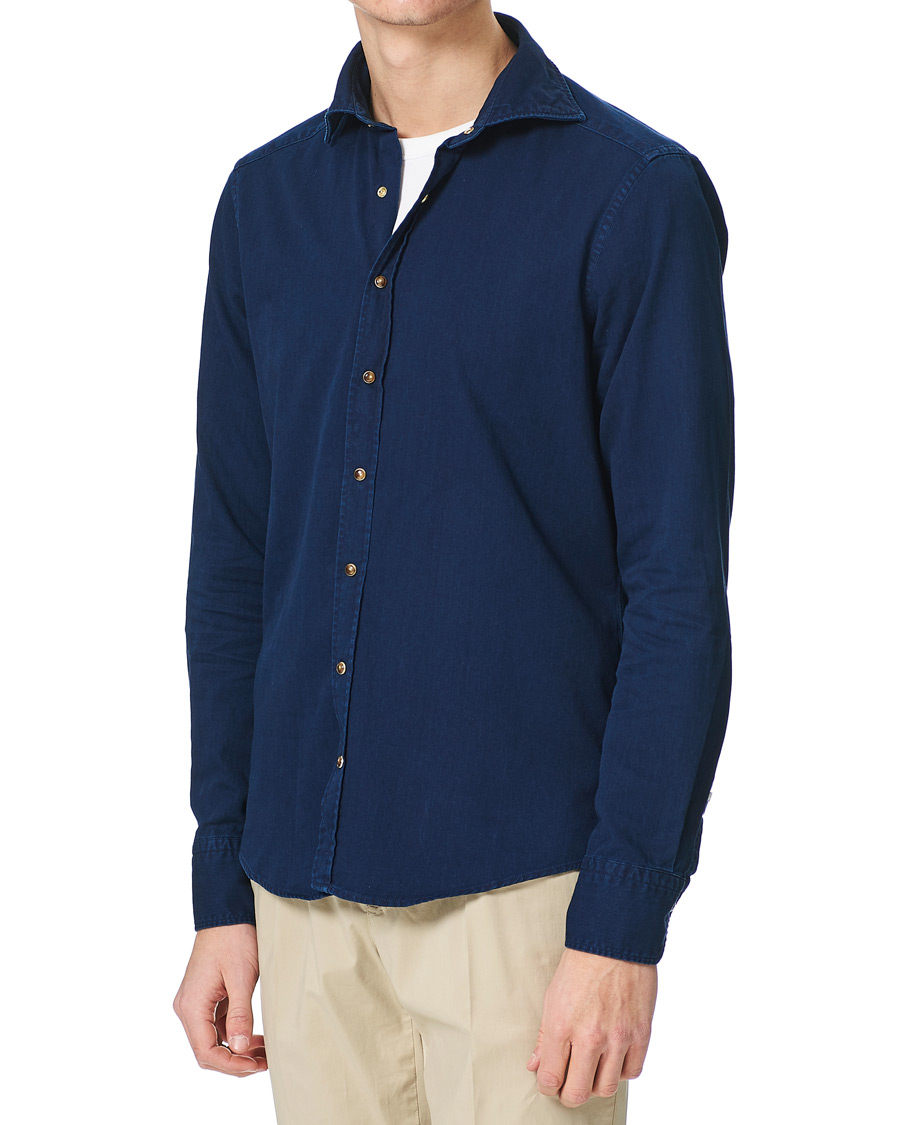Men | Shirts | Stenströms | Slimline Denim Press Button Shirt Dark Indigo