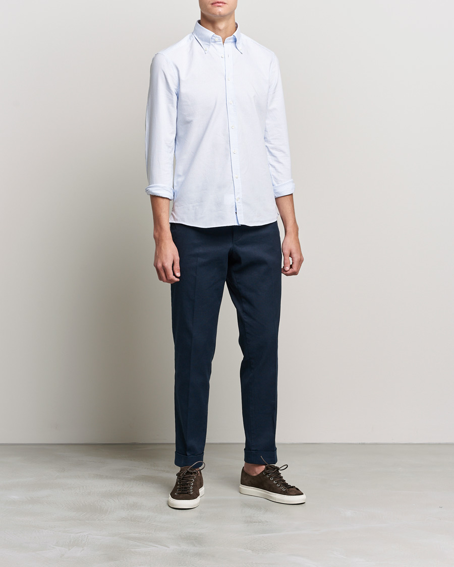 Men | Shirts | Stenströms | Slimline Washed Striped Oxford Shirt Light Blue