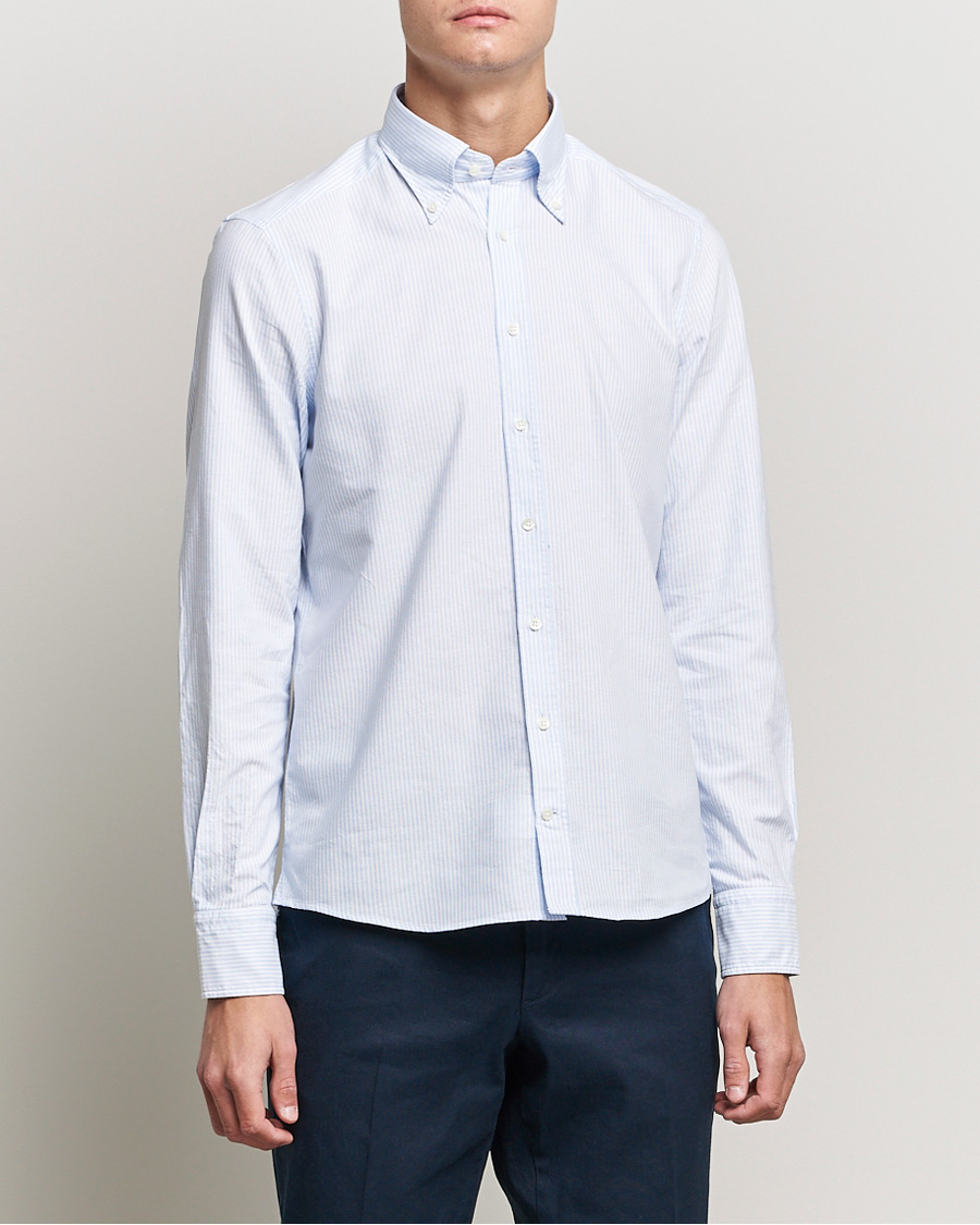 Men | Shirts | Stenströms | Slimline Washed Striped Oxford Shirt Light Blue