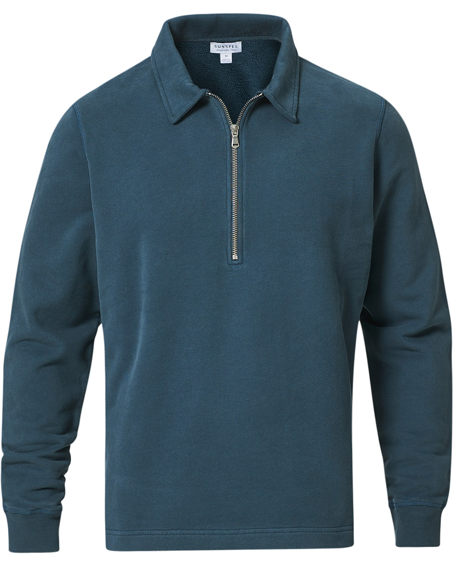 Men | Sweaters & Knitwear | Sunspel | Zip Polo Sweatshirt Dark Petrol