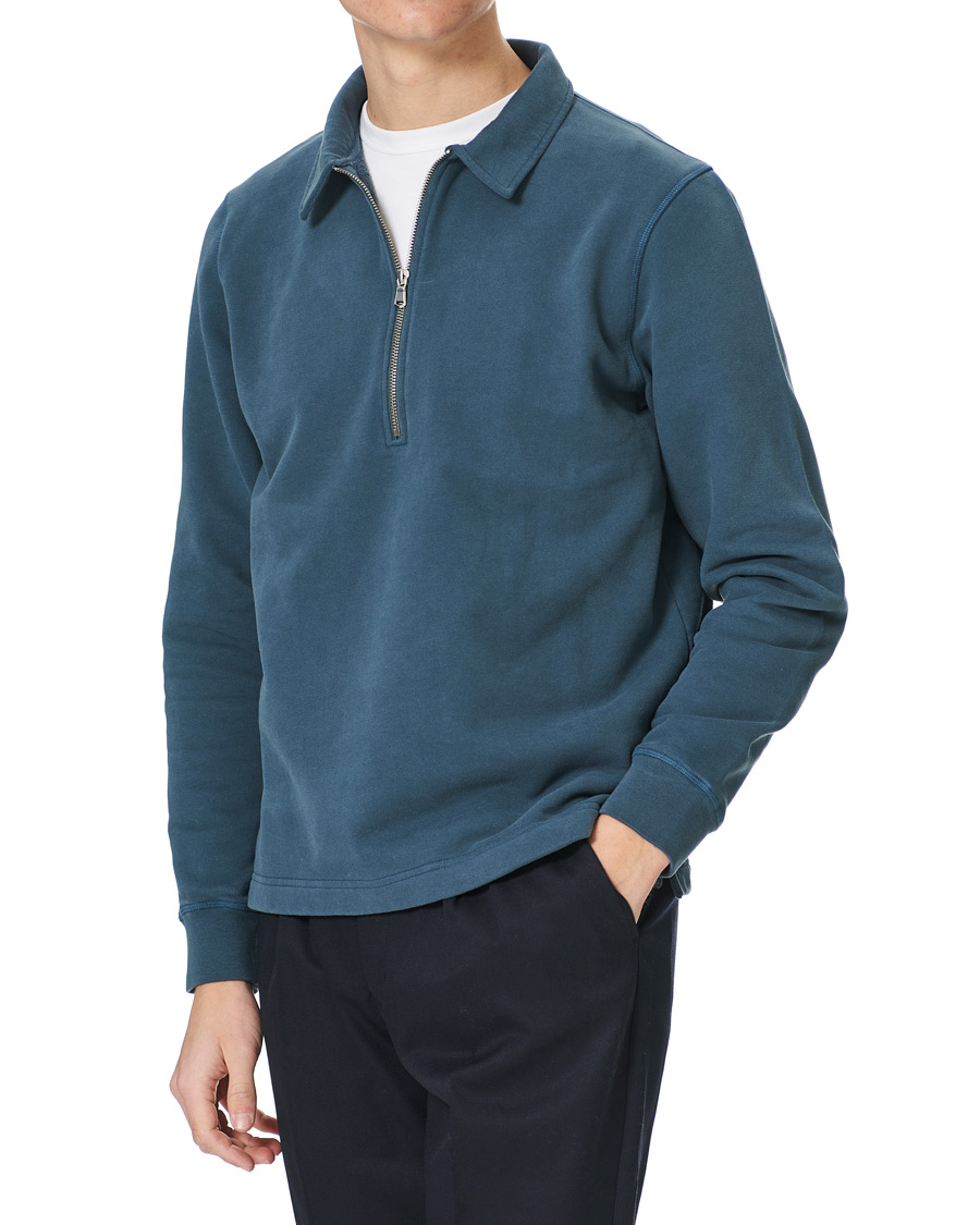 Men | Sweaters & Knitwear | Sunspel | Zip Polo Sweatshirt Dark Petrol