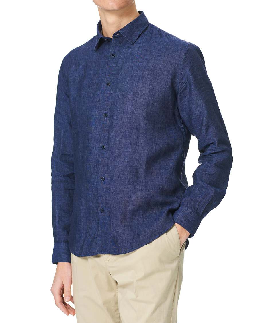 Men | Shirts | Sunspel | Linen Casual Shirt Navy Melange
