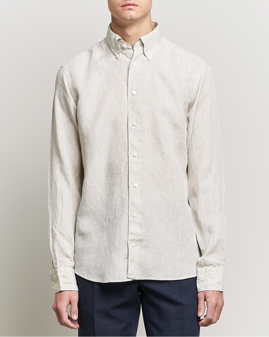 Men | Shirts | Eton | Slim Fit Button Down Linen Shirt Beige