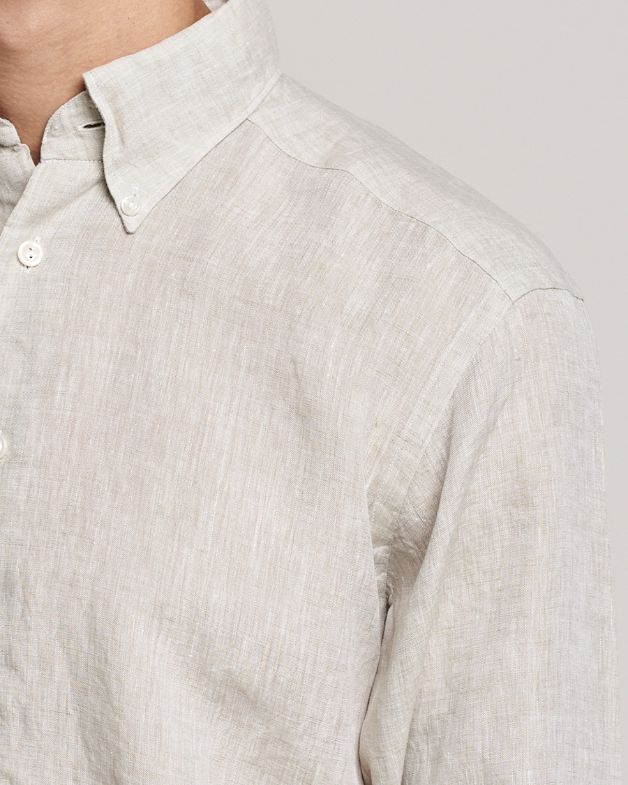 Men | Shirts | Eton | Slim Fit Button Down Linen Shirt Beige