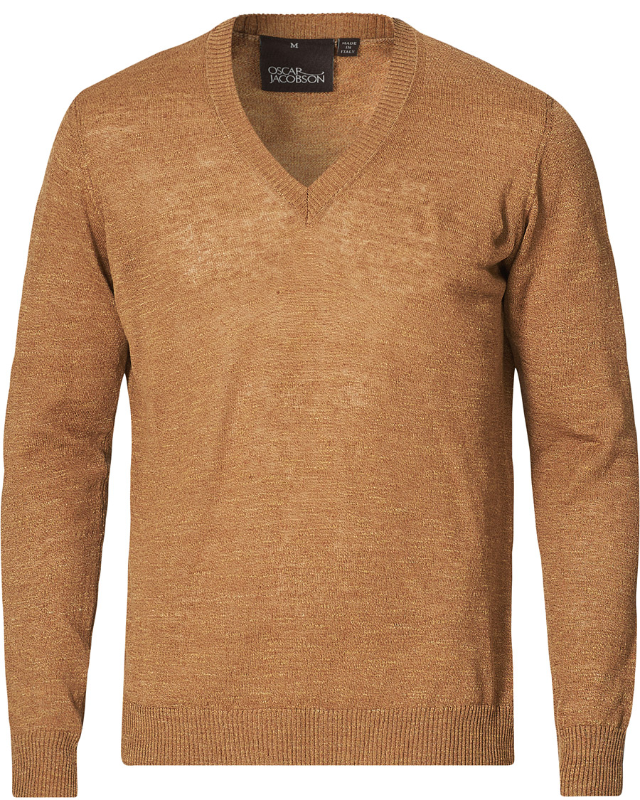 Men | Sweaters & Knitwear | Oscar Jacobson | Lionel Linen/Cotton V-Neck Brown