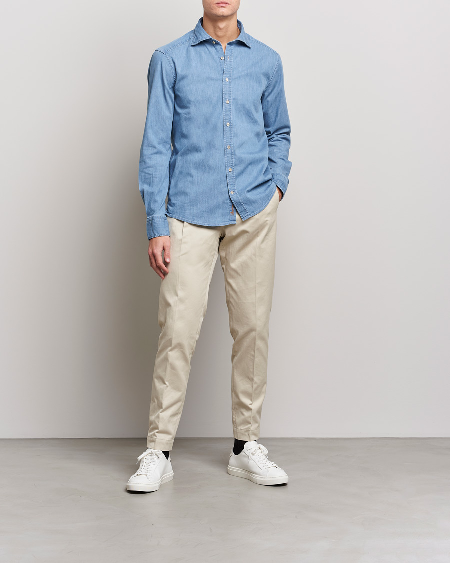 Men | Shirts | Stenströms | Slimline Garment Washed Shirt Light Denim