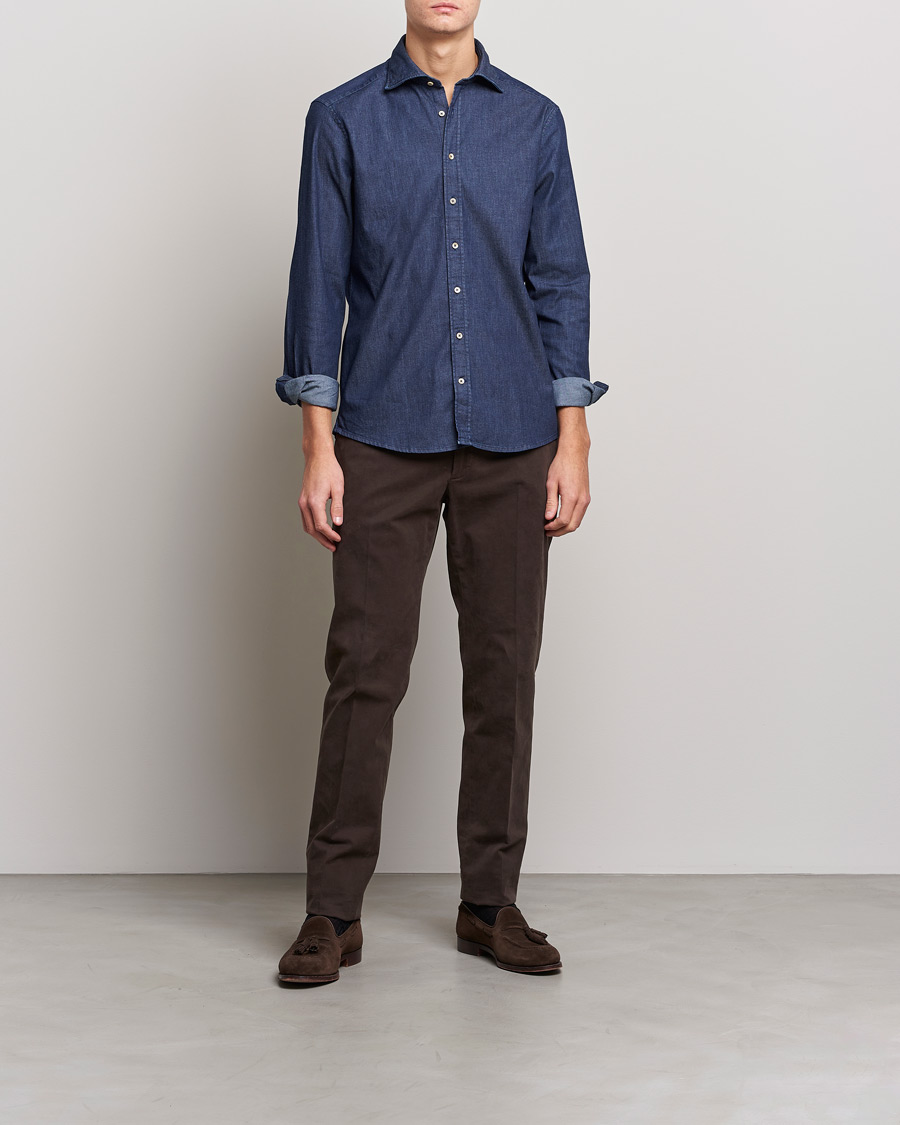 Men | Shirts | Stenströms | Slimline Garment Washed Shirt Dark Denim