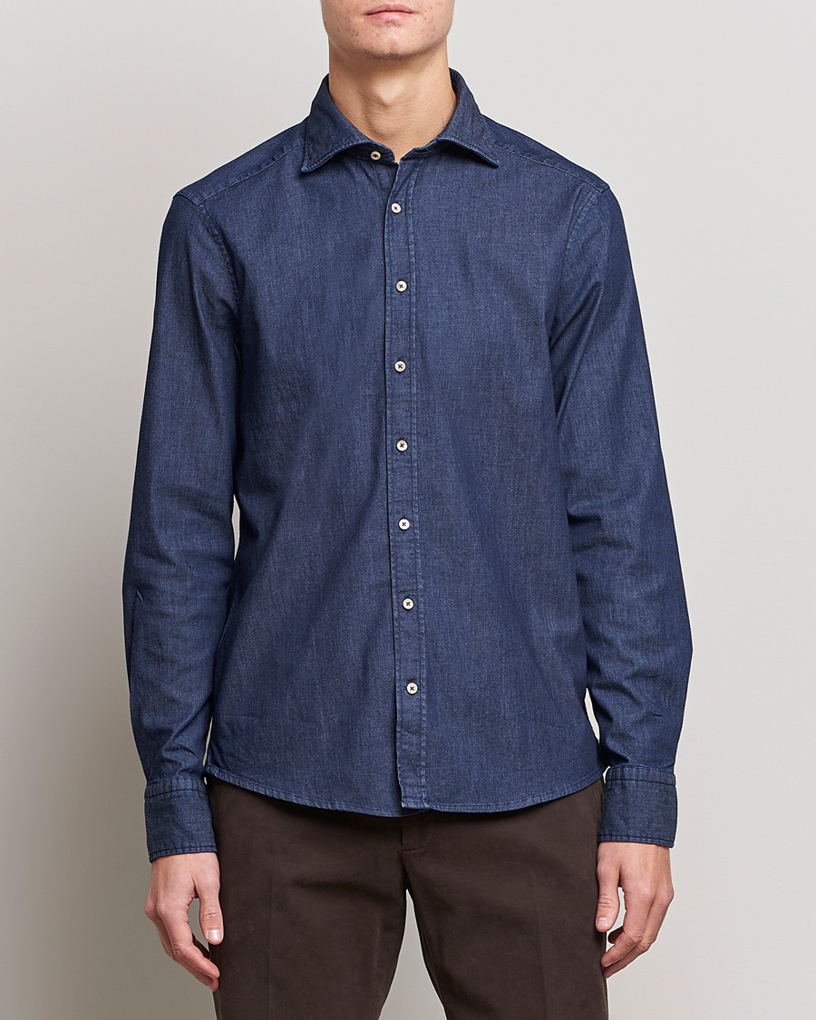 Men | Shirts | Stenströms | Slimline Garment Washed Shirt Dark Denim
