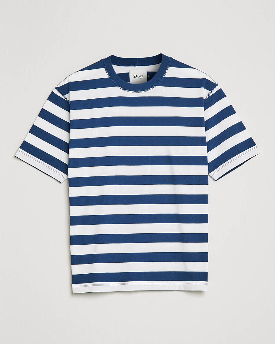 Men | T-Shirts | Drake's | Striped Cotton Hiking Tee White/Navy