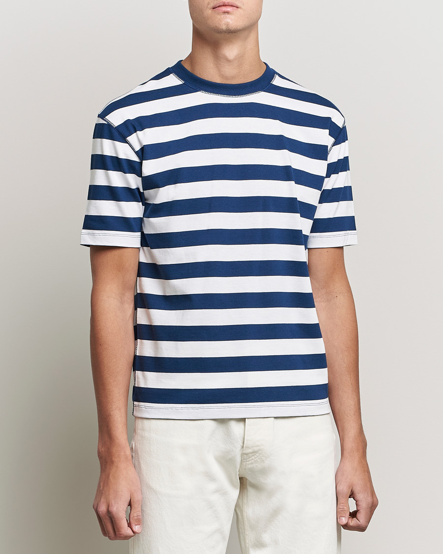 Men | T-Shirts | Drake's | Striped Cotton Hiking Tee White/Navy