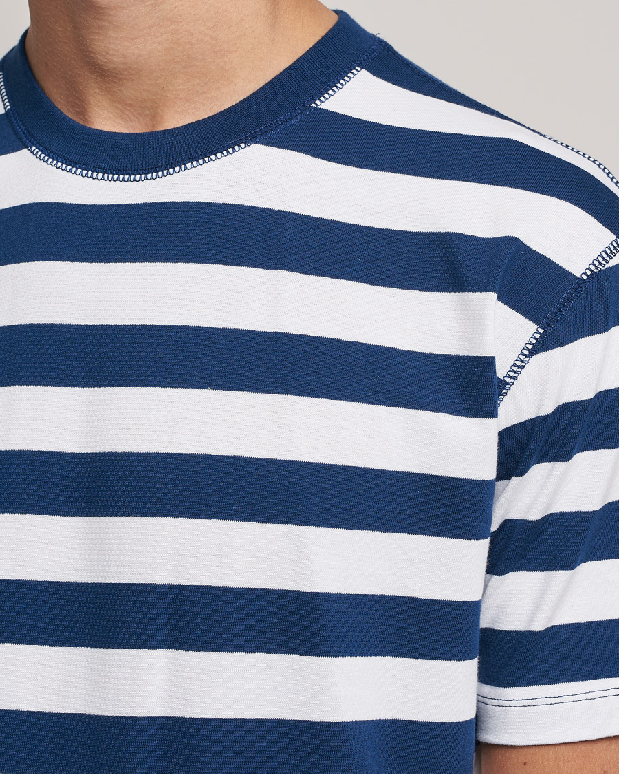 Men | T-Shirts | Drake's | Striped Cotton Hiking Tee White/Navy