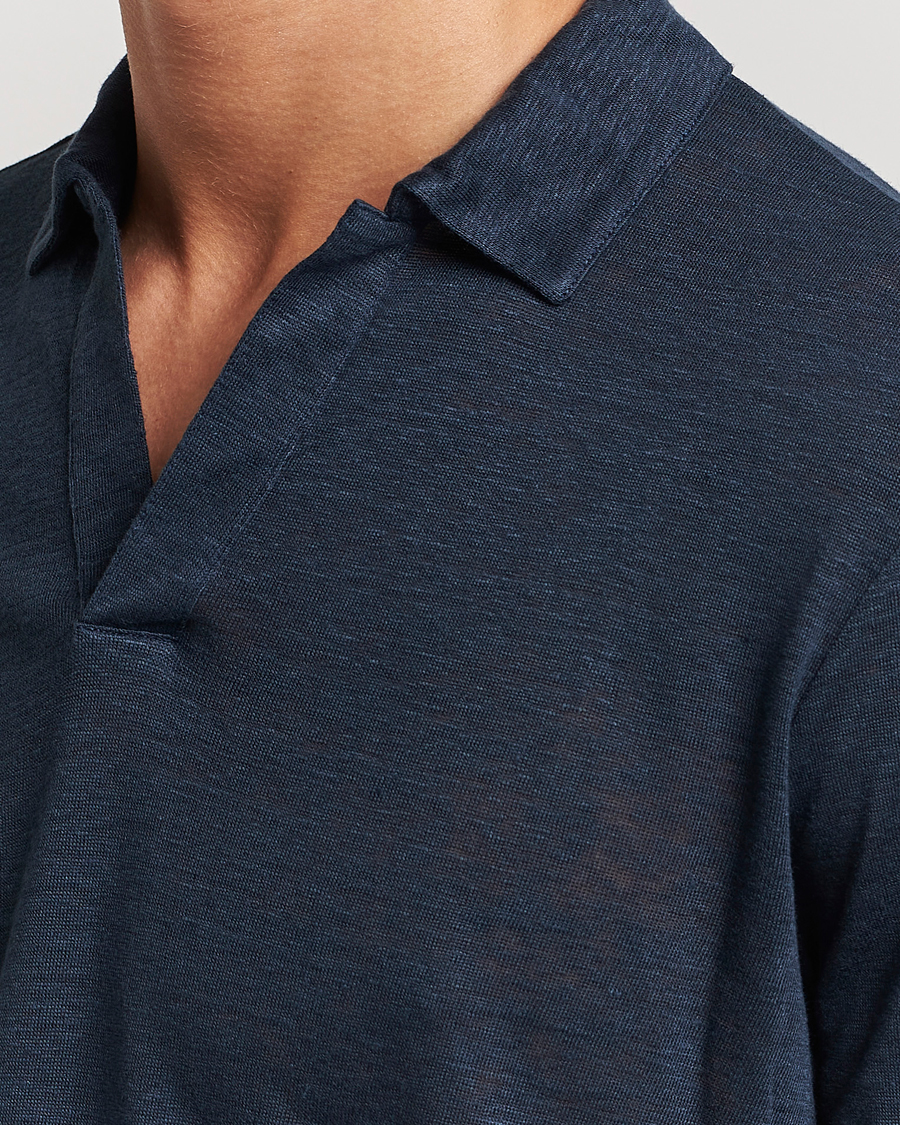 Men | Polo Shirts | Gran Sasso | Washed Linen Long Sleeve Polo Navy Melange