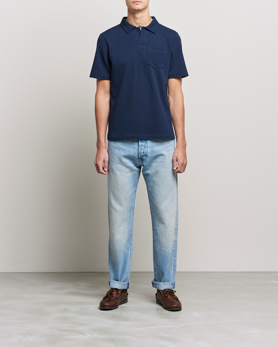 Men | Polo Shirts | Merz b. Schwanen | Organic Cotton Washed Polo Ink Blue