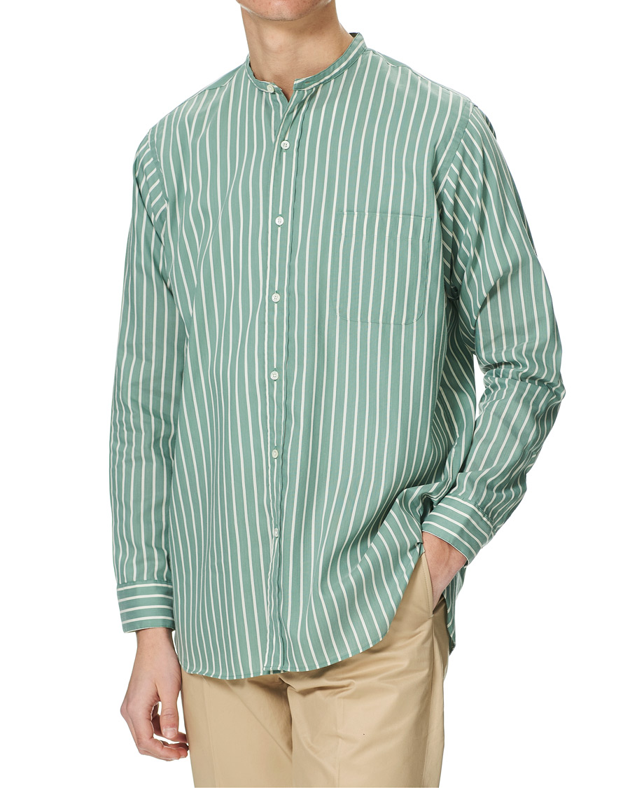 Men | Shirts | BEAMS PLUS | Band Collar Striped Shirt Green/White