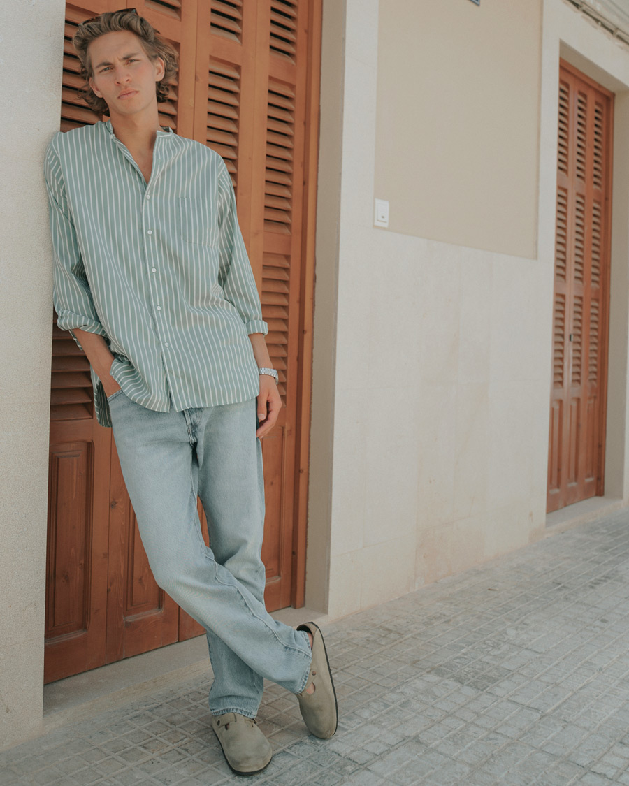 Men | Shirts | BEAMS PLUS | Band Collar Striped Shirt Green/White