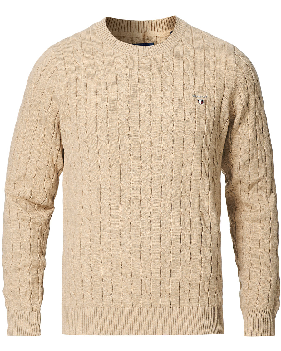 Men | Sweaters & Knitwear | GANT | Cotton Cable Crew Neck Pullover Sand Melange