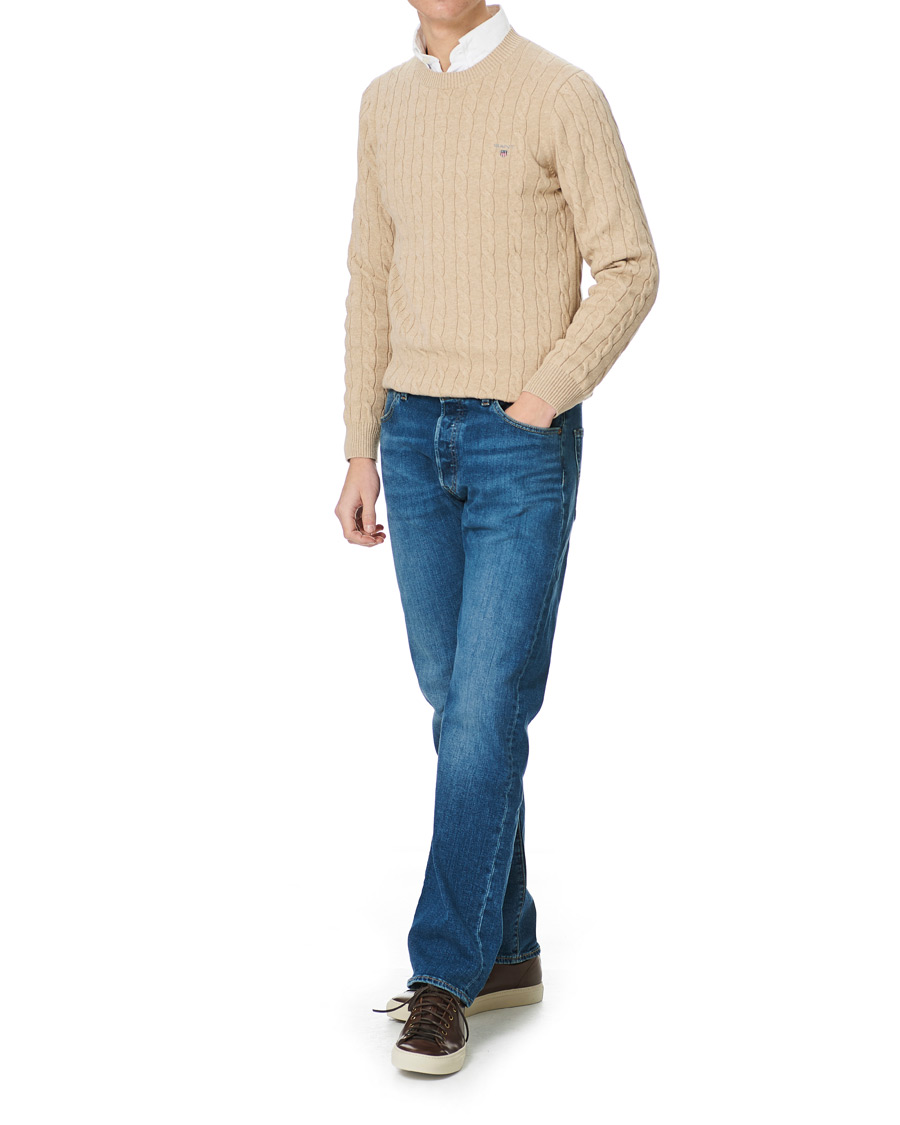 Men | Sweaters & Knitwear | GANT | Cotton Cable Crew Neck Pullover Sand Melange