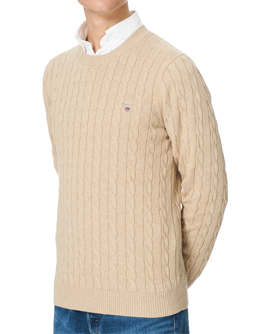 Men | Sweaters & Knitwear | GANT | Cotton Cable Crew Neck Pullover Sand Melange