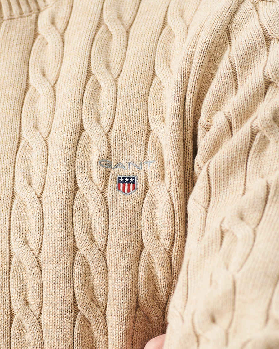 Men | Sweaters & Knitwear | GANT | Cotton Cable Crew Neck Pullover Sand Melange