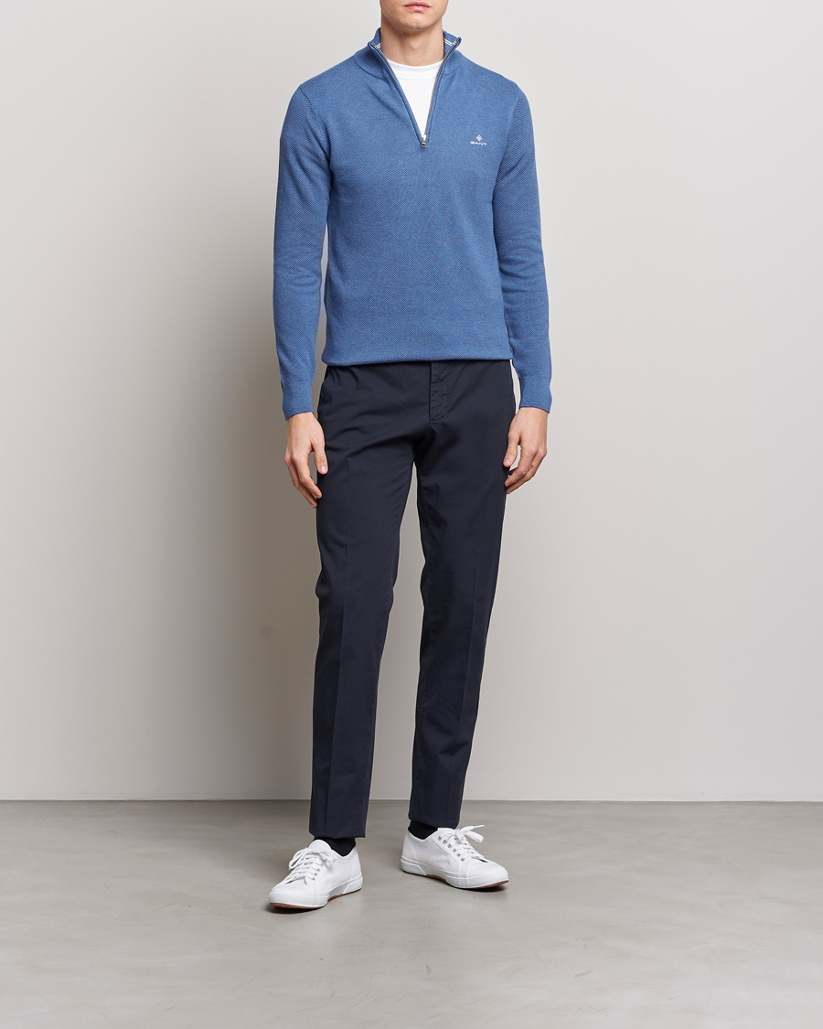 Men | Sweaters & Knitwear | GANT | Cotton Pique Half-Zip Sweater Denim Blue Melange