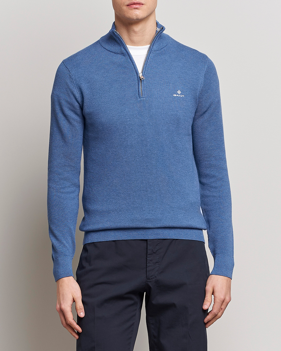 Men | Sweaters & Knitwear | GANT | Cotton Pique Half-Zip Sweater Denim Blue Melange