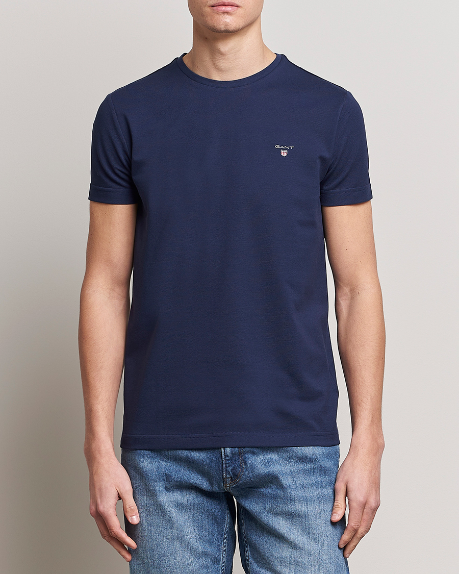 Men | T-Shirts | GANT | Cotton Pique Crew Neck T-Shirt Evening Blue