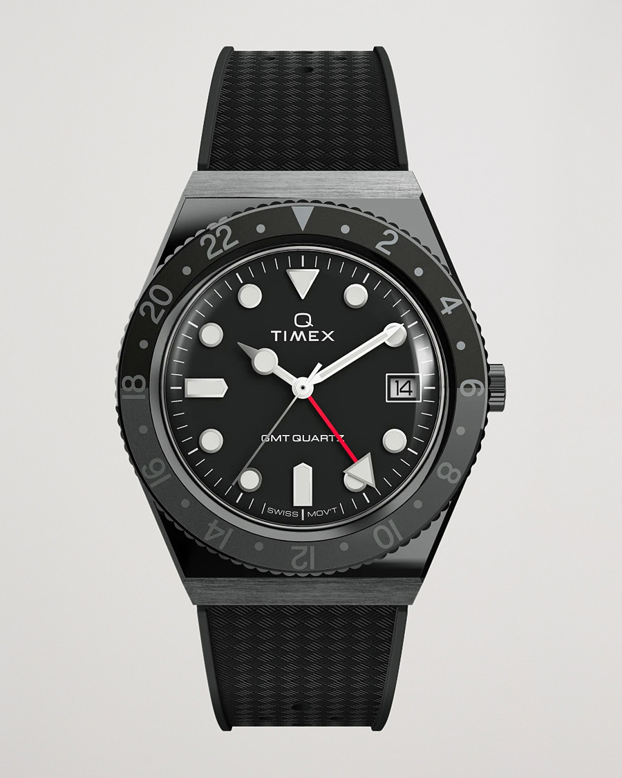 Men | Timex Q Diver GMT 38mm Rubber Strap Black/Grey | Timex | Q Diver GMT 38mm Rubber Strap Black/Grey