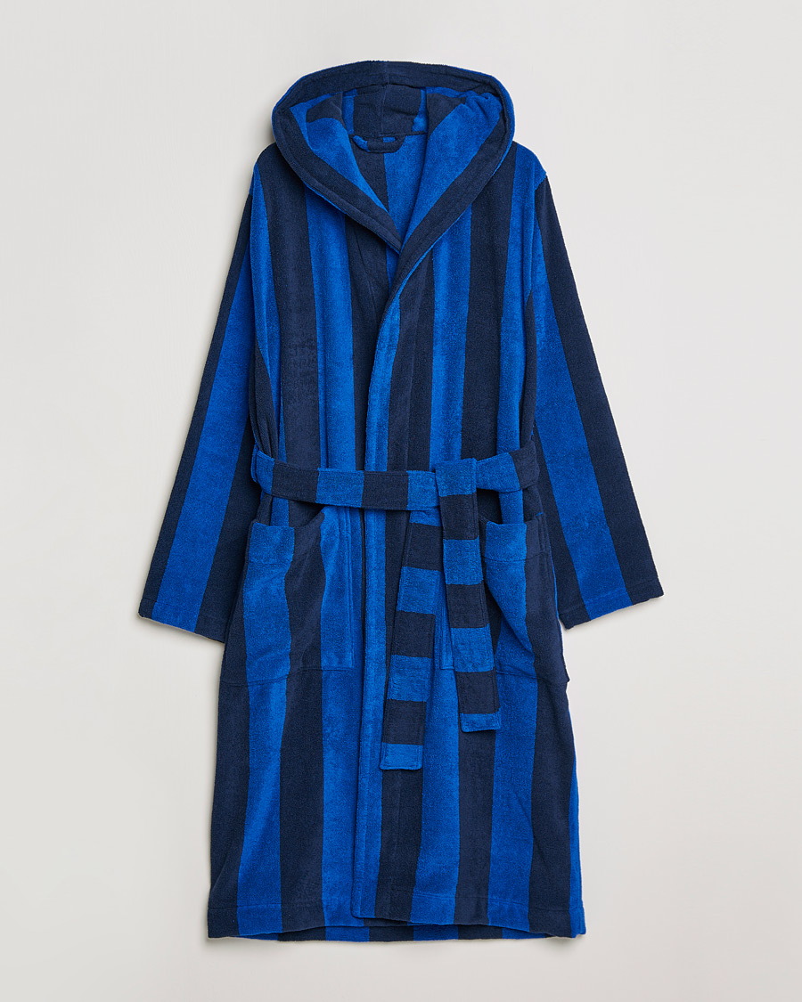 Men | Pyjamas & Robes | Tekla | Organic Terry Hooded Bathrobe Navy Block Stripes