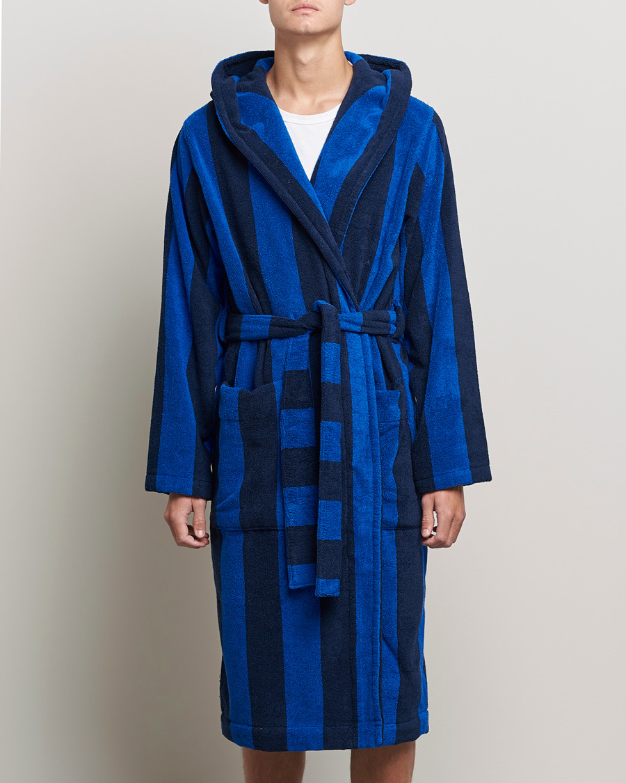 Men | Pyjamas & Robes | Tekla | Organic Terry Hooded Bathrobe Navy Block Stripes