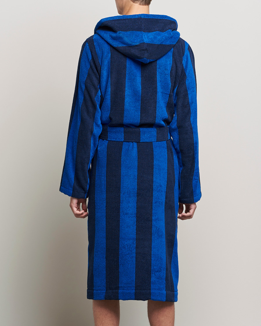 Men | Pyjamas & Robes | Tekla | Organic Terry Hooded Bathrobe Navy Block Stripes