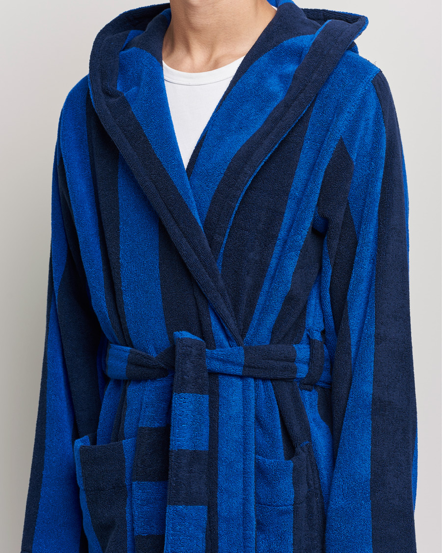 Men | Pyjamas & Robes | Tekla | Organic Terry Hooded Bathrobe Navy Block Stripes