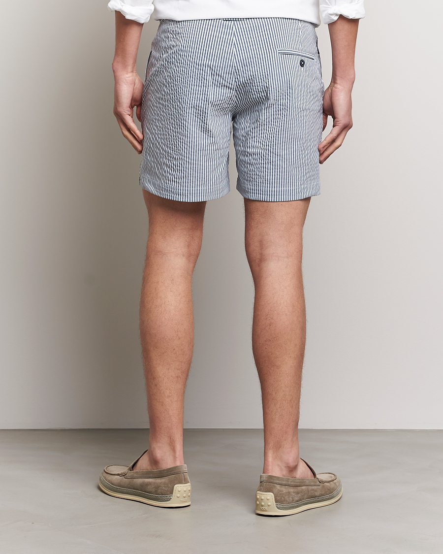 Men | Swimwear | The Resort Co | Tailored Swim Shorts Navy Stripe Seersucker