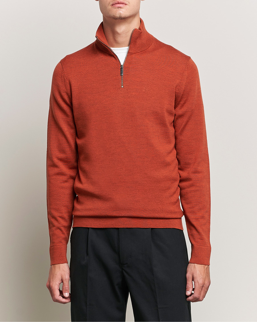 Men | Sweaters & Knitwear | Calvin Klein | Superior Wool Knitted Half Zip Gingerbread Brown