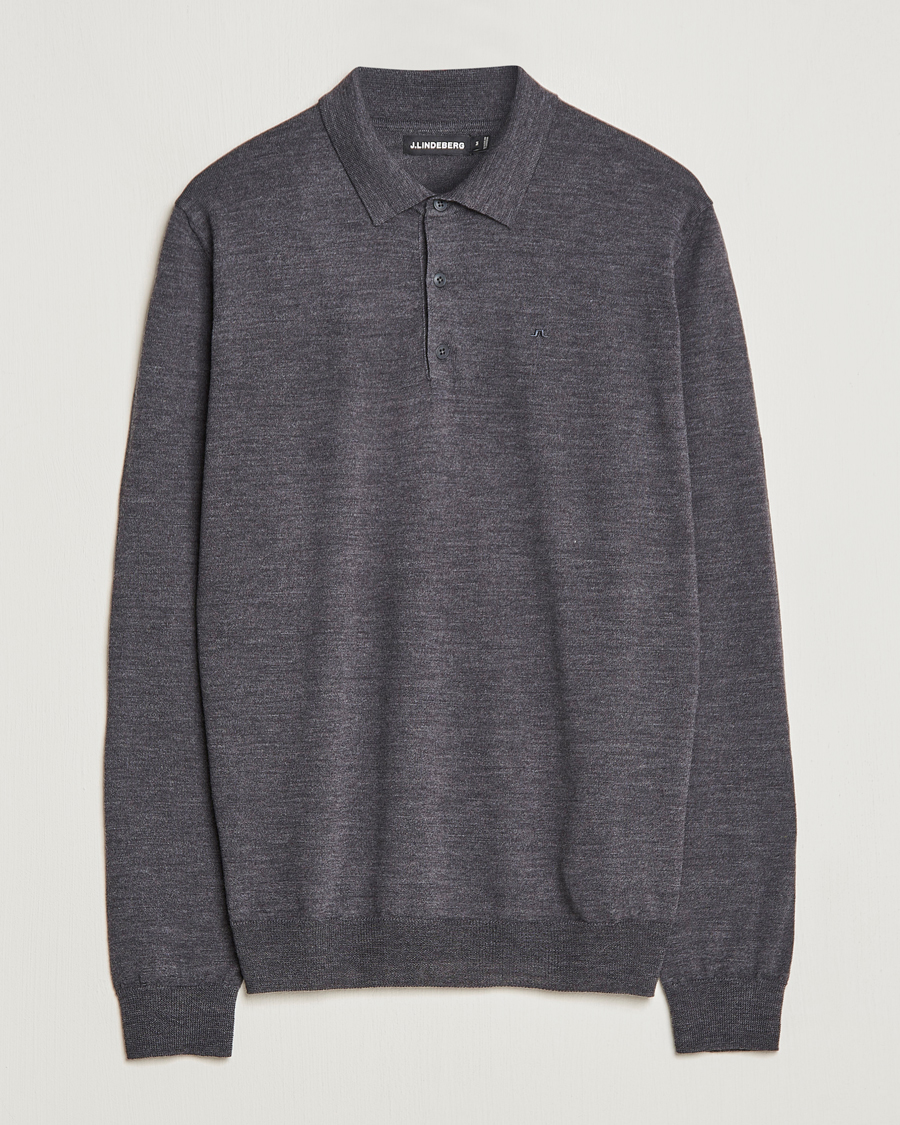Men | Sweaters & Knitwear | J.Lindeberg | Noel Light Merino Polo Shirt Dark Grey Melange