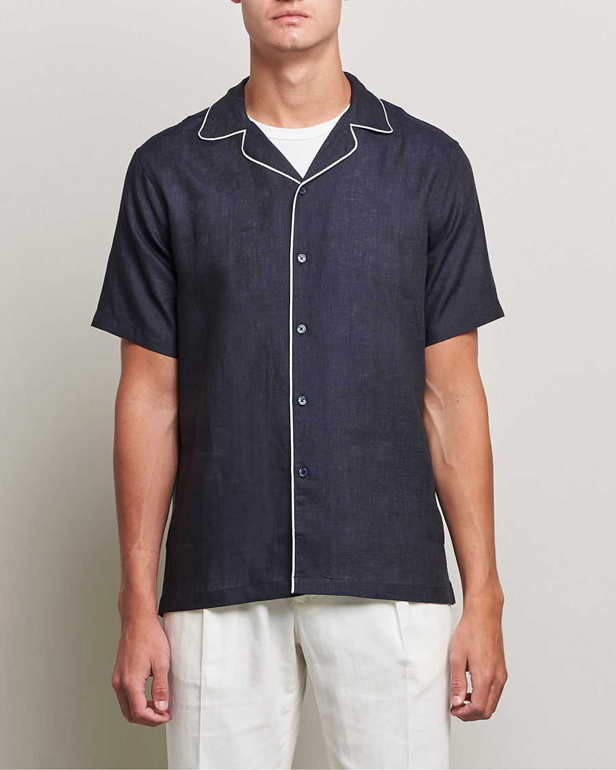 Men | Shirts | Orlebar Brown | Hibbert Short Sleeve Linen Shirt Navy