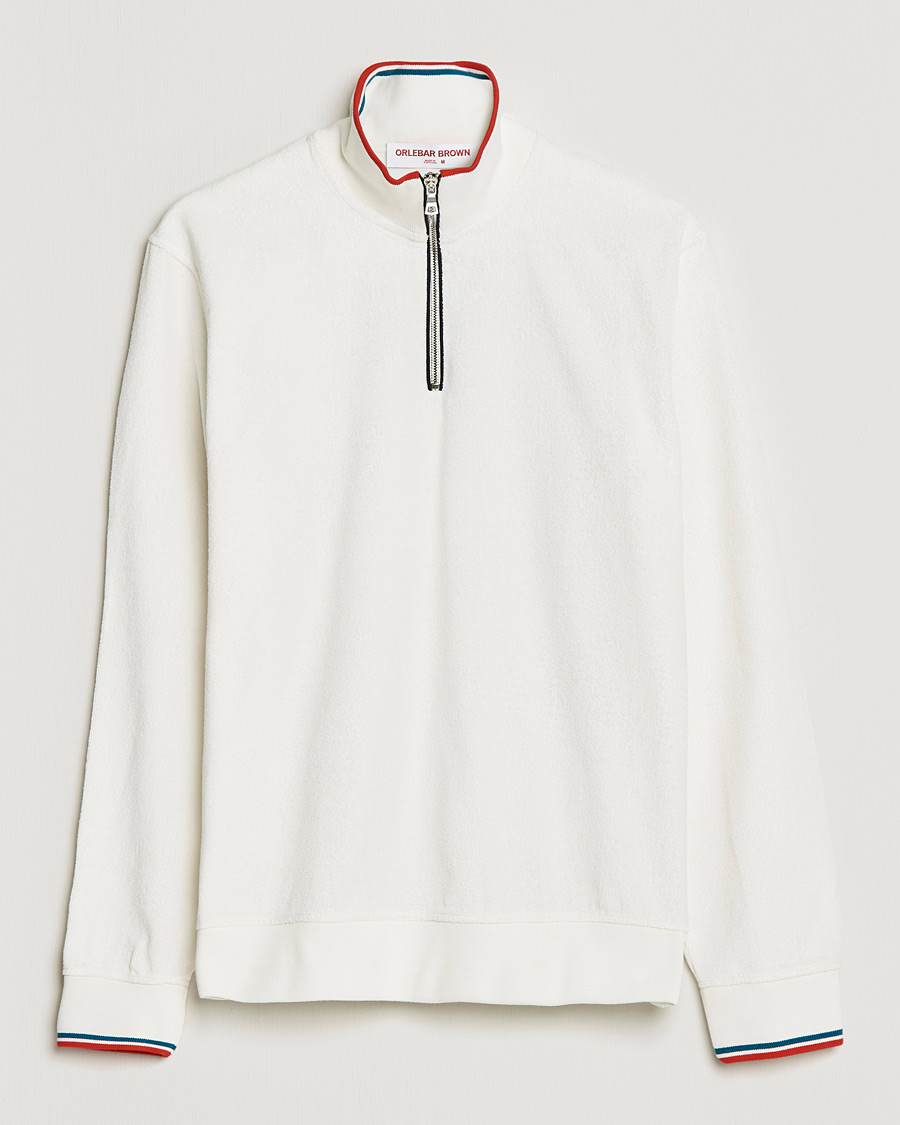Men | Sweaters & Knitwear | Orlebar Brown | Nielson OB Stripe Towelling Half Zip White Sand