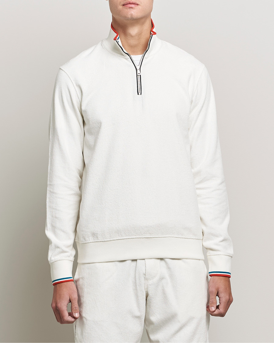 Men | Sweaters & Knitwear | Orlebar Brown | Nielson OB Stripe Towelling Half Zip White Sand