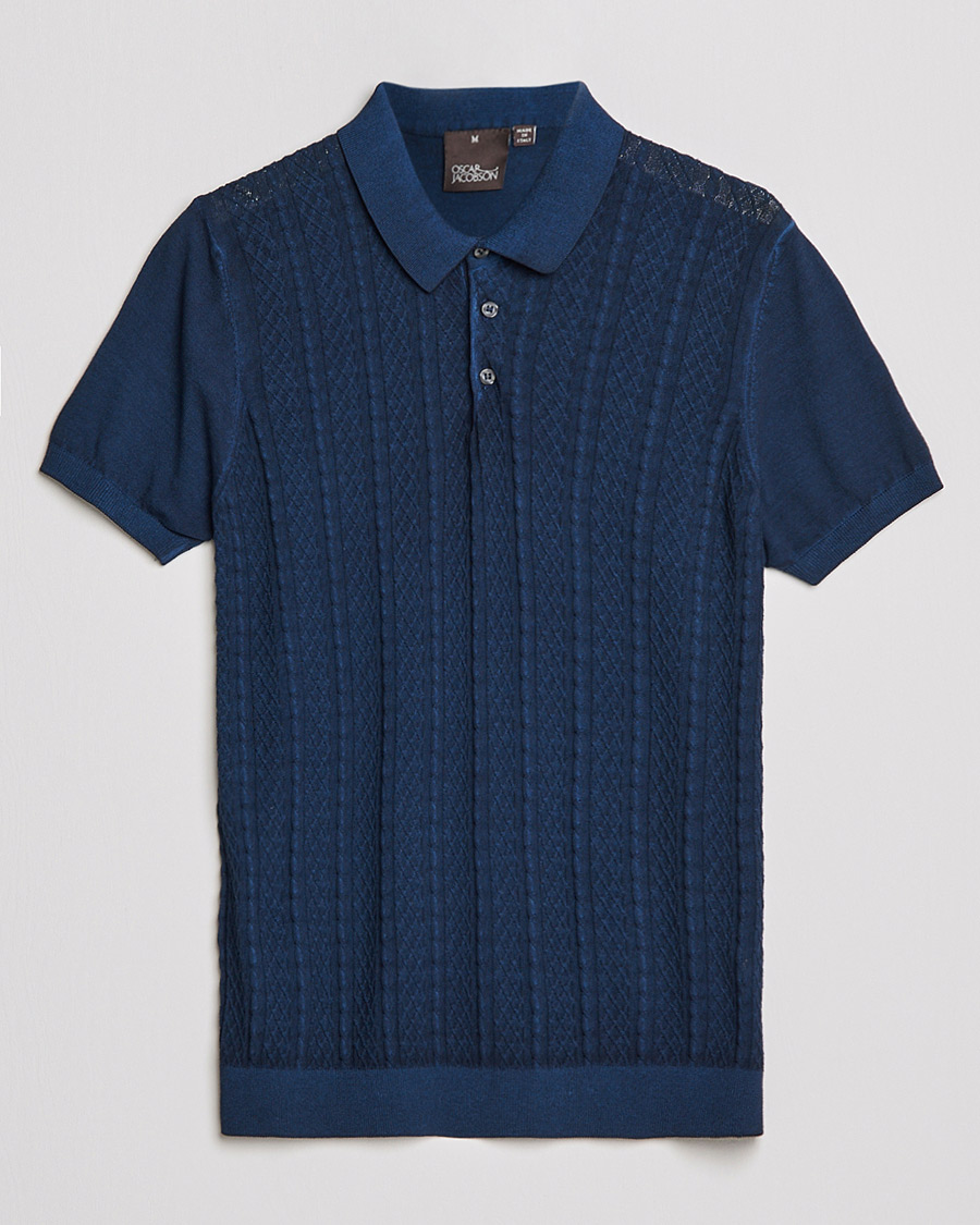 Men | Polo Shirts | Oscar Jacobson | Bard Knitted Cotton Crepe Polo Washed Blue