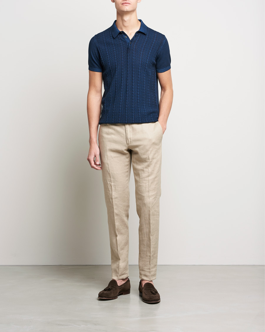 Men | Polo Shirts | Oscar Jacobson | Bard Knitted Cotton Crepe Polo Washed Blue