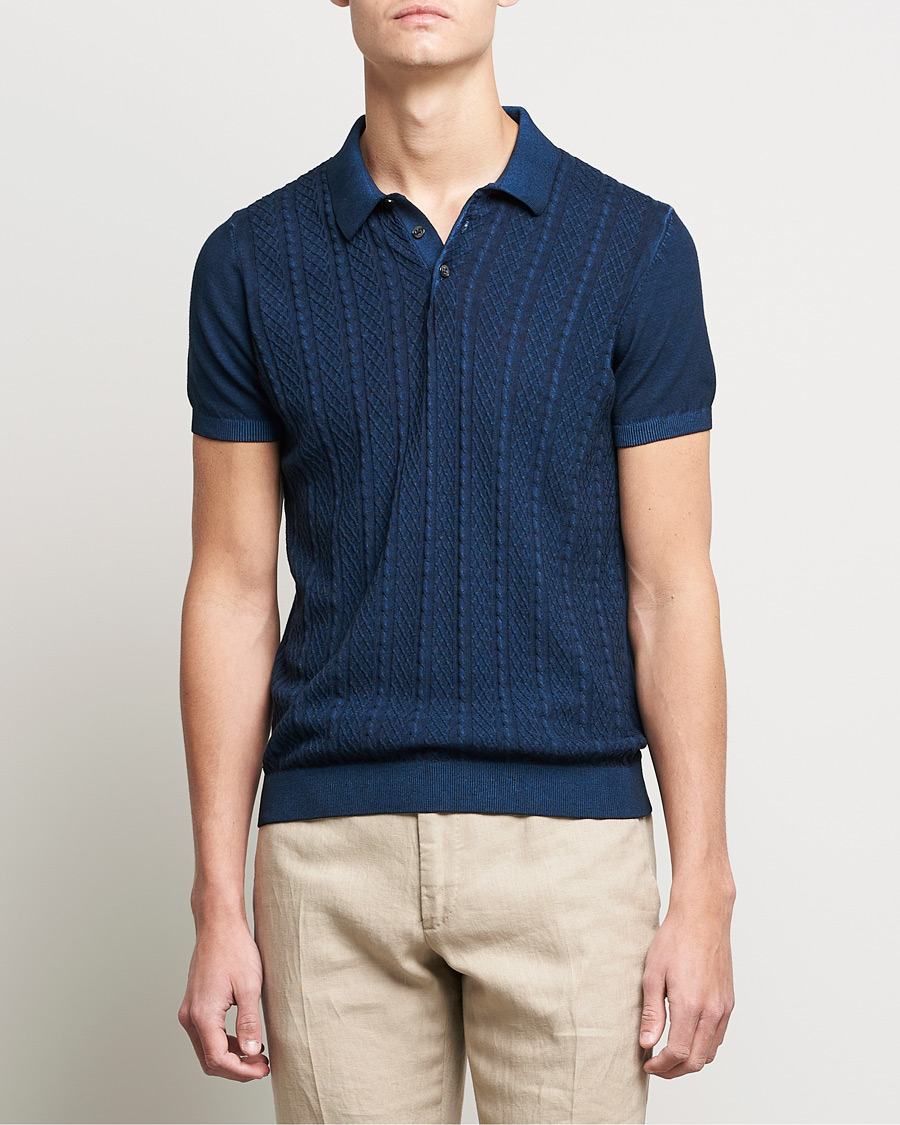 Men | Polo Shirts | Oscar Jacobson | Bard Knitted Cotton Crepe Polo Washed Blue